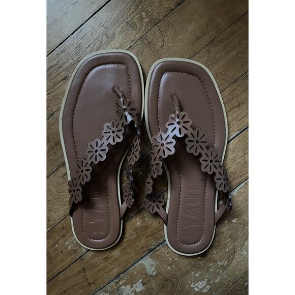 NEW Staud Dante Floral Leather Thong Slide Tan Cognac Women’s 39.5 - Picture 2 of 4